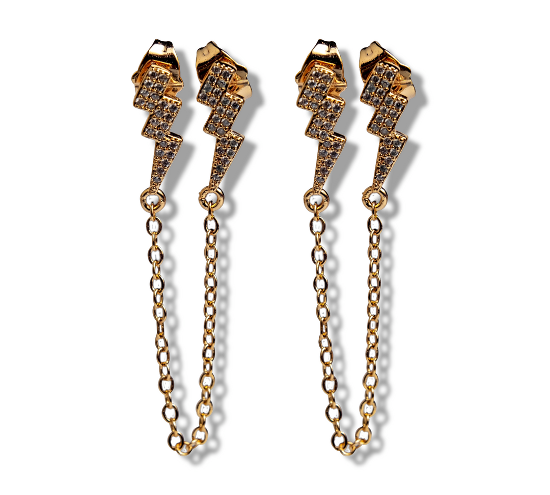 Zeus Drops Earrings - Gold Thunder Earrings with Clear Crystals, Double Piercing Required, Hypoallergenic, and Rhodium Plating