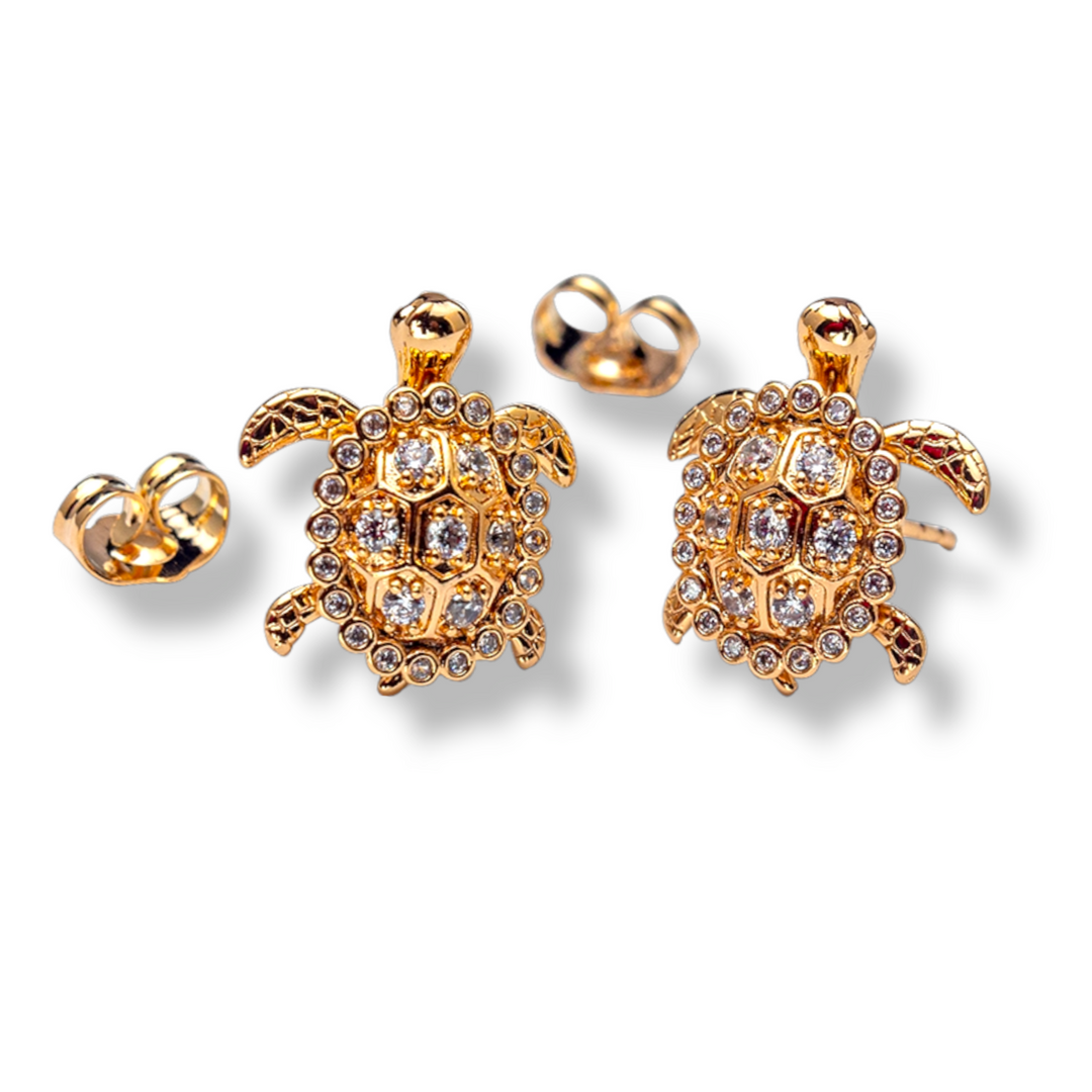 Polka Studs Earrings (Large) - Galapagos Gold Earrings with Rhodium Plating, Turtle Design with Crystals, Hypoallergenic, Moisture-Resistant