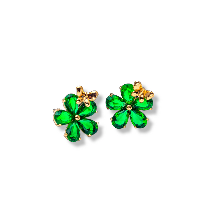 Flower Green Stud Earrings - Gold Earrings with Rhodium Plating and Green Crystal Flower