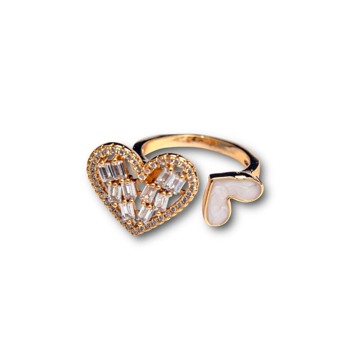 Double Heart Ring - One-Size Ring with Crystal Hearts and Elegant White Heart