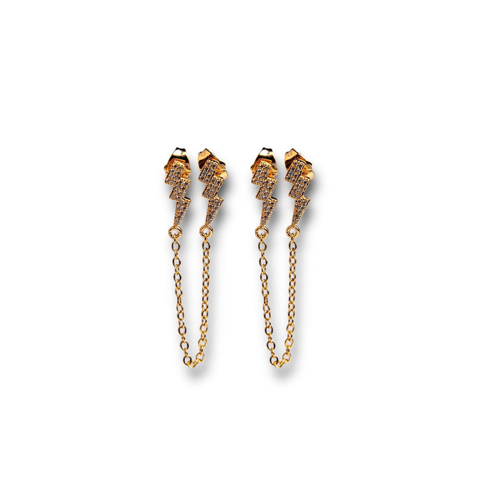 Zeus Drops Earrings - Gold Thunder Earrings with Clear Crystals, Double Piercing Required, Hypoallergenic, and Rhodium Plating